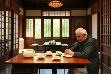 Elderly couple enjoying tea in traditional Korean hanok cafe