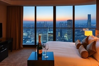 Luxurious hotel room with Seoul skyline view at dusk.