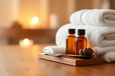 Luxury spa treatment set with aromatic oils and massage tools.