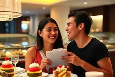 Couple enjoying a luxurious hotel buffet date.