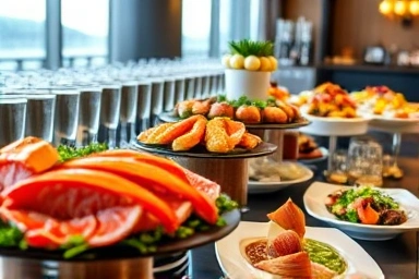 Gourmet hotel buffet spread with diverse culinary options.