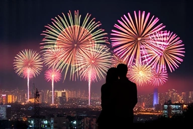 Couple watching fireworks in Seoul for New Year's Eve.