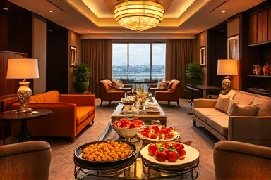 Elegant hotel lounge with gourmet happy hour spread
