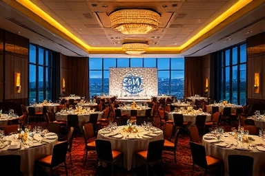 Elegant hotel ballroom decorated for a year-end party.