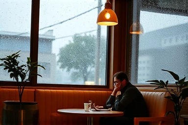 Cozy indoor cafe interior on a rainy Seoul day, romantic couple.