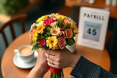 Romantic couple's hands with flowers at a cafe post-musical.