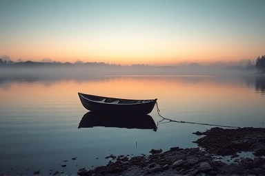Misty lakeside at dawn with a solitary wooden boat