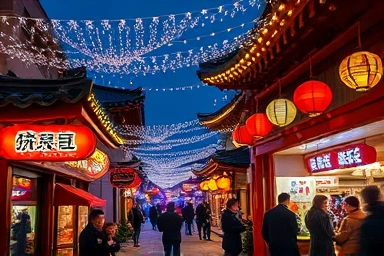 Magical Seoul winter festival street scene with lights and happy people.