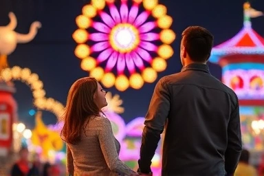 Romantic couple admiring dazzling winter light display at Seoul festival.
