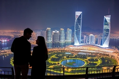 Couple enjoying romantic Songdo night view at Central Park