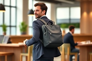 세련된 남성이 현대적인 공간에서 가스톤 루가 백팩을 들고 있는 모습