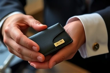 고급스러운 전통 문양의 명함지갑, 타이핀, 커프스 세트 클로즈업