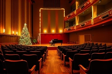 Elegant concert hall, holiday season, festive lighting, empty seats, grand piano.