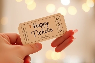 Hand holding event ticket, festive embellishments, special occasion, blurred background.