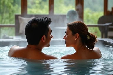 Couple enjoying a private onsen at a Japanese ryokan, emphasizing relaxation.