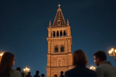 Majestic bell tower at midnight, symbolizing hope and new beginnings.