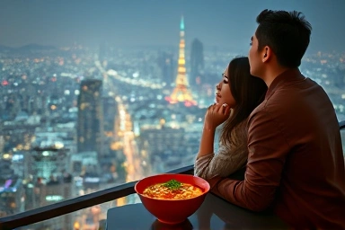 Couple enjoying Seoul night view and ramen