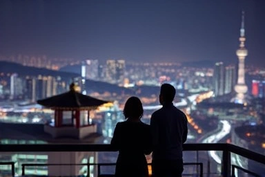 Couple watching Seoul night view from pavilion, romantic moment