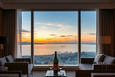 Luxurious hotel room with stunning Busan ocean view at sunset.