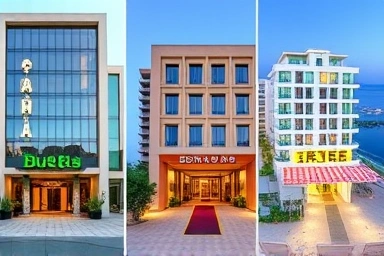 Collage of Busan coastal hotels: Haeundae, Songjeong, Songdo.