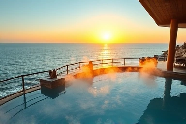 Luxury outdoor hot spring overlooking Haeundae Beach at sunset.