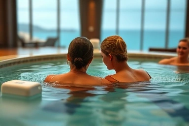 Couple relaxing in a luxurious themed hot spring at Busan Paradise Hotel.