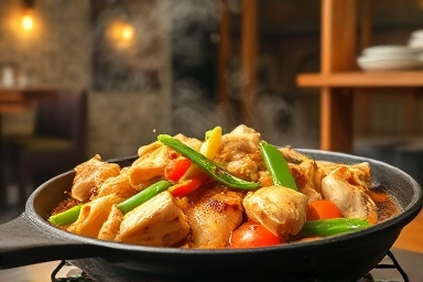 Delicious bubbling Dakgalbi dish in a Korean restaurant.