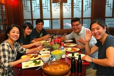 Friends and family enjoying Dakgalbi meal together.