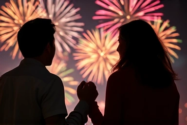 Couple watching spectacular fireworks, romantic night.