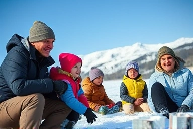 Families enjoying winter festival activities in a snowy Korean mountain setting.