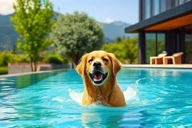 Dog swimming in private villa pool, happy pet, luxury vacation