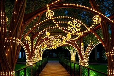 Detailed view of artistic eco-friendly LED light installations in a garden setting.