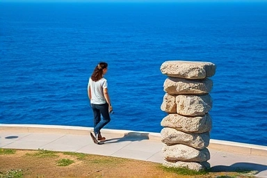 Couple walking on Geoje Island coast near stone structure