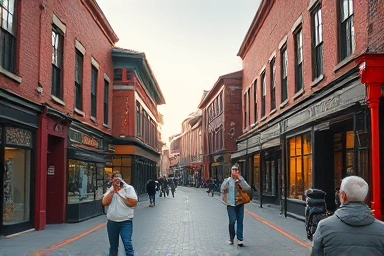 Gunsan Modern History Street with vintage buildings and people enjoying.
