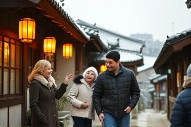 Family enjoying a winter trip in historic Gyeongju.
