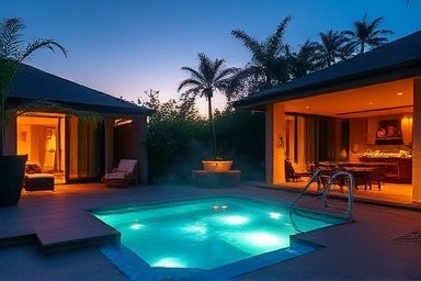 Luxurious private hot pool villa in Gyeongju at twilight