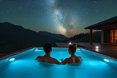 Couple relaxing in private hot pool under starry night