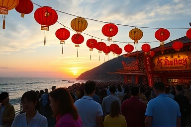 Bustling Korean festival at sunset, coastal landscape, celebratory atmosphere