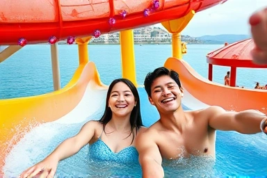 Couple having fun at Haeundae water park during year-end