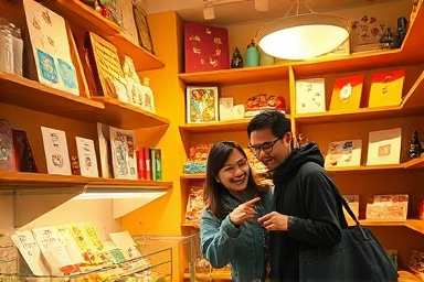 Cozy Hongdae gift shop interior with a couple browsing.