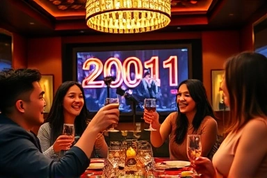 Friends celebrating joyfully in a chic Hongdae party room.