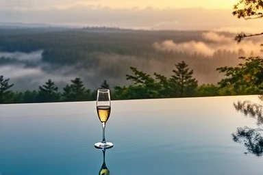 Couple's infinity pool overlooking a misty forest at dawn.