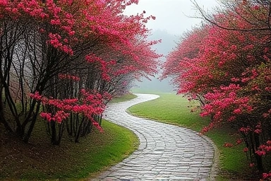 Serene camellia forest path, blooming trees, misty atmosphere
