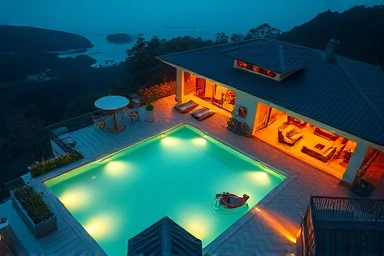 Luxury private villa with outdoor pool in Jeju at dusk