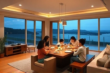 Family gathering in a spacious villa living room, Jeju night view