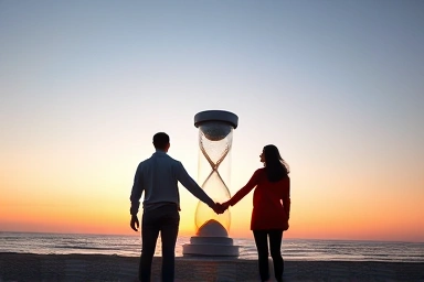 Couple watching sunrise at Jeongdongjin beach with hourglass