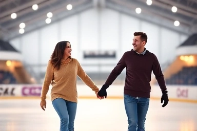 Couple ice skating and laughing at Lotte World Ice Rink.