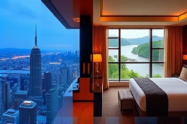 Luxury hotel suites, city skyline, natural greenery, river view, Seoul hotels