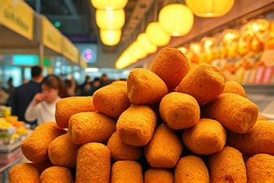 Golden-brown croquettes at a lively Korean market stall.