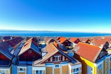 Namhae German Village winter panorama, German houses, winter sea view